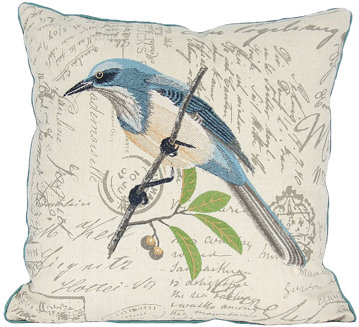 ML11075 Blue Bird Pillow featuring embroidered bluebird design on a cotton/linen blend fabric, perfect for home decor.