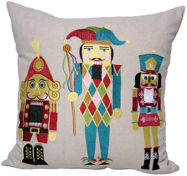 ML12018 Classic Christmas Nutcracker Pillow featuring intricate embroidered nutcracker designs on soft natural linen fabric.