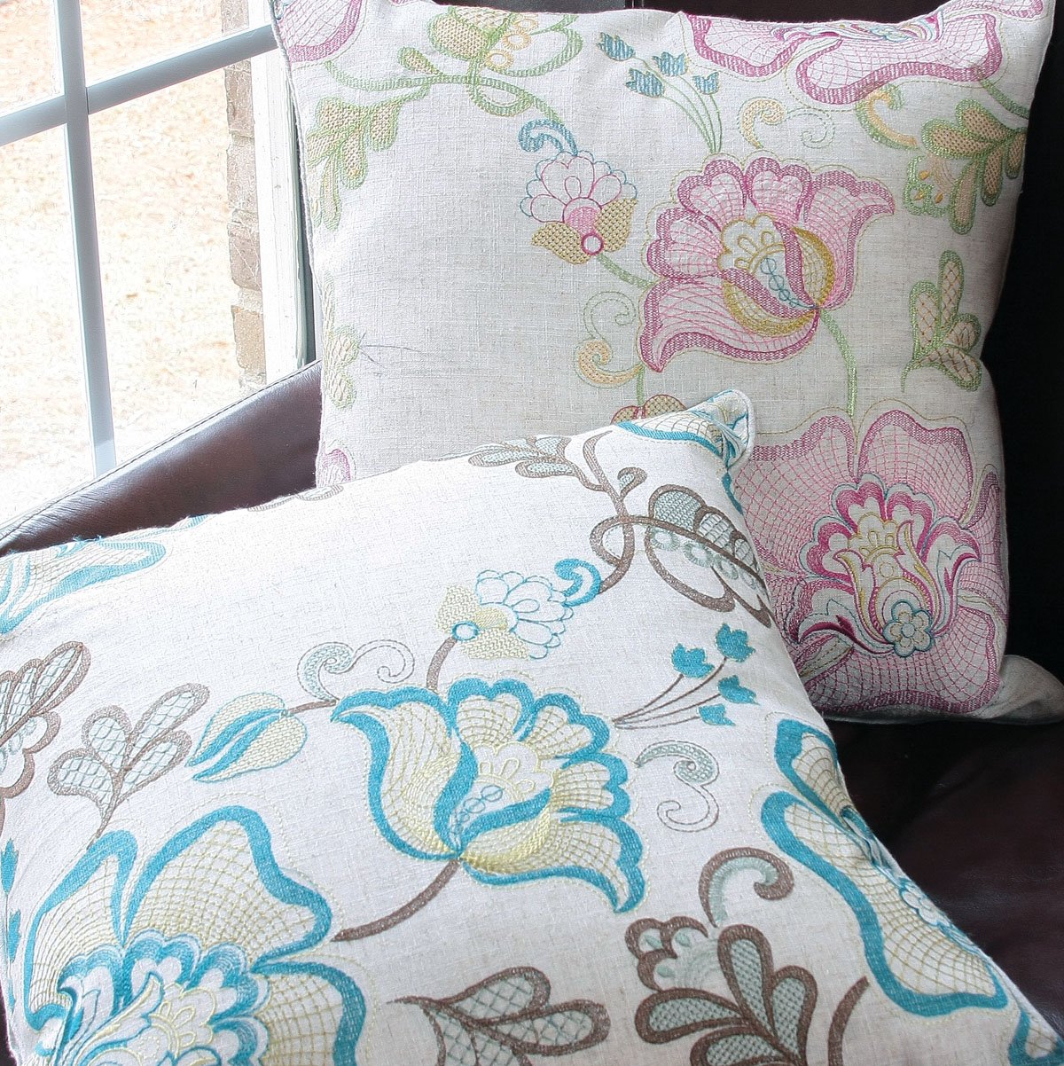 ML13902 Floral Fantasy Pillow featuring intricate floral embroidery on a soft fabric, perfect for home decor.