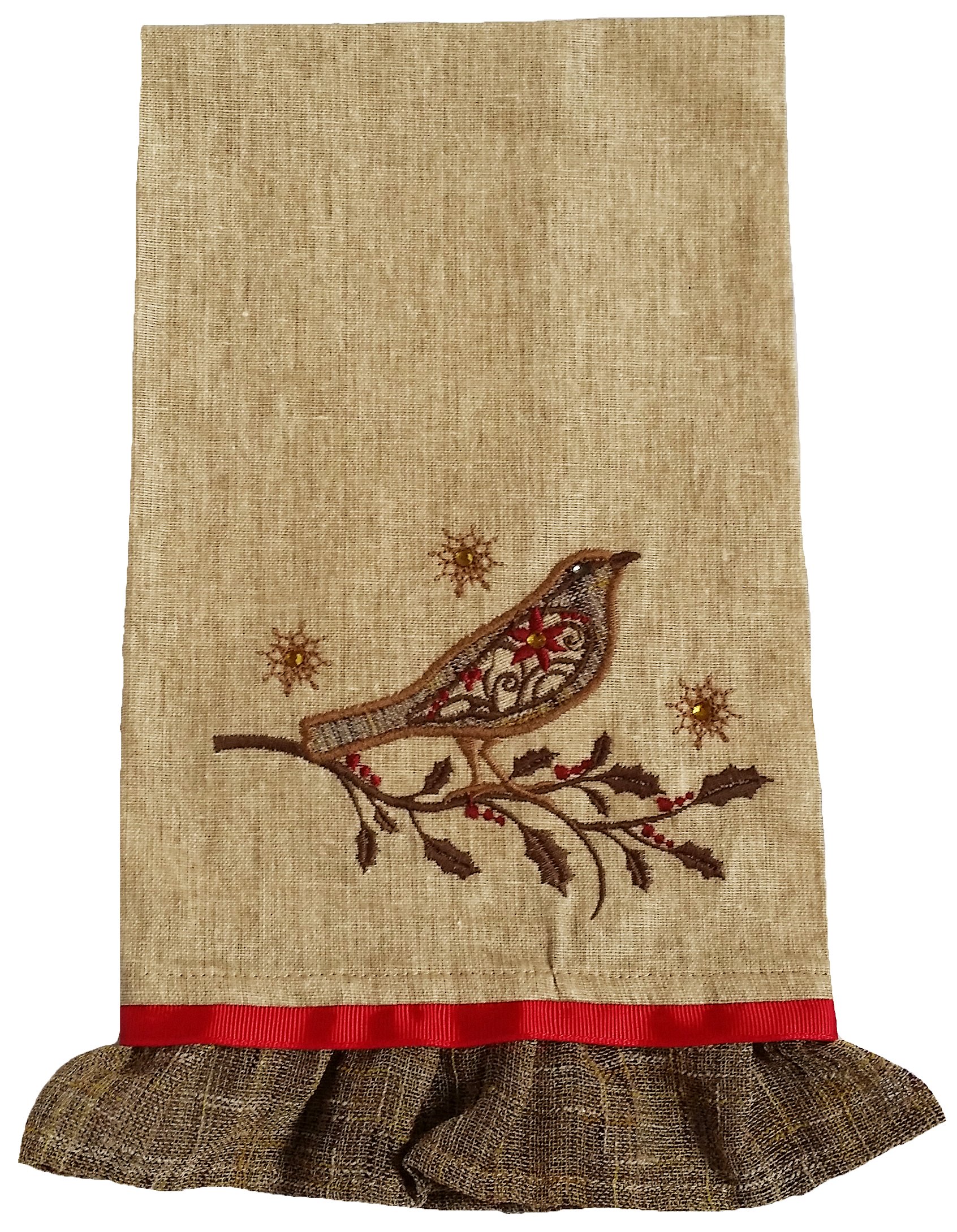 ML14869 Bird On Twig Tea Towel featuring an embroidered Christmas bird on a holly branch with jeweled accents and ruffle trim.