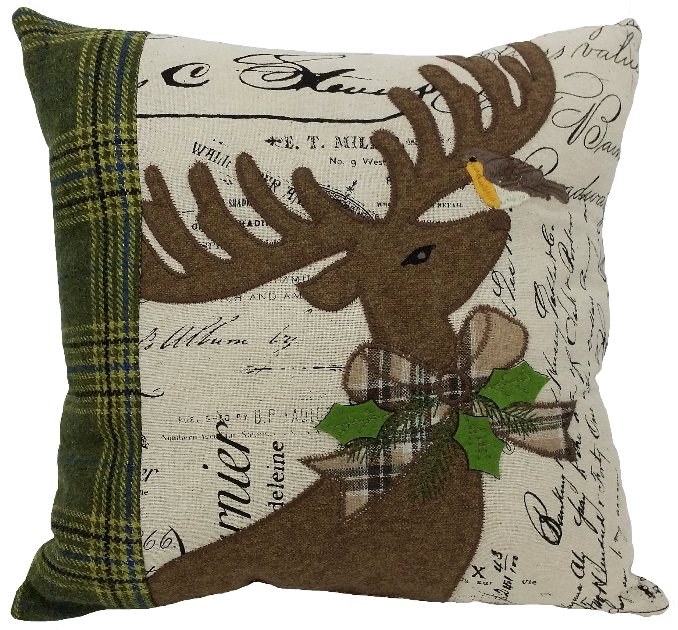 14x14 inch suede pillow featuring a reindeer design with intricate embroidery and green tartan accents, perfect for Christmas decor.