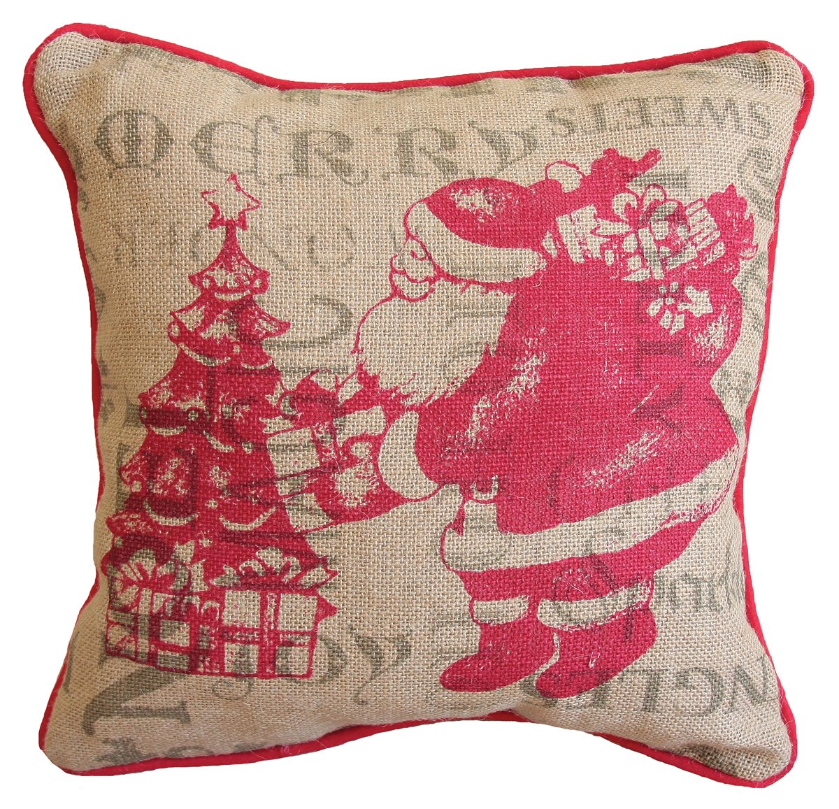 14x14 inch burlap pillow featuring a whimsical Santa design with red piped edging, perfect for holiday decor.