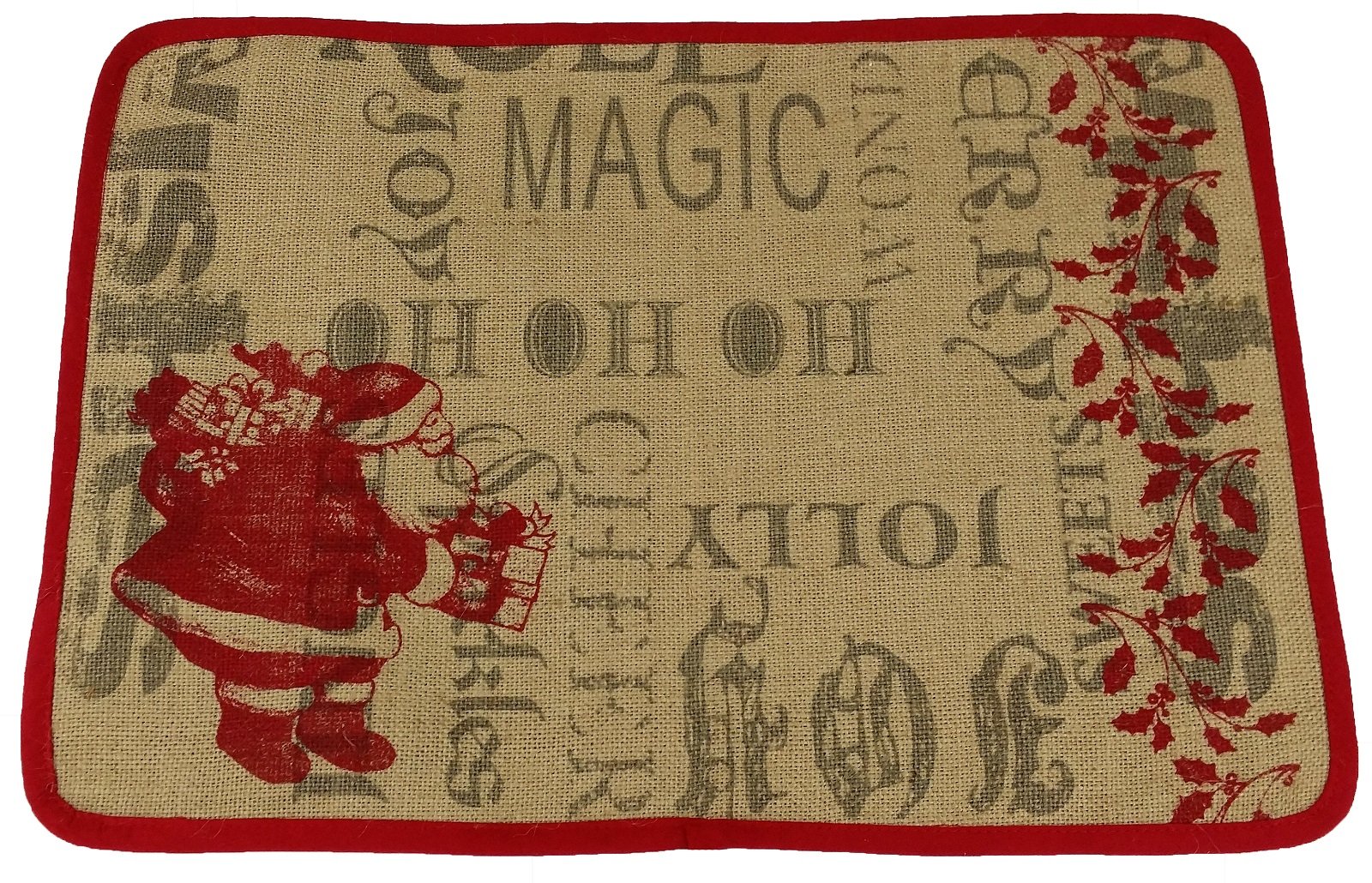 ML14900 Saint Nick Burlap Placemat featuring a whimsical Santa design with red piping, perfect for holiday table settings.