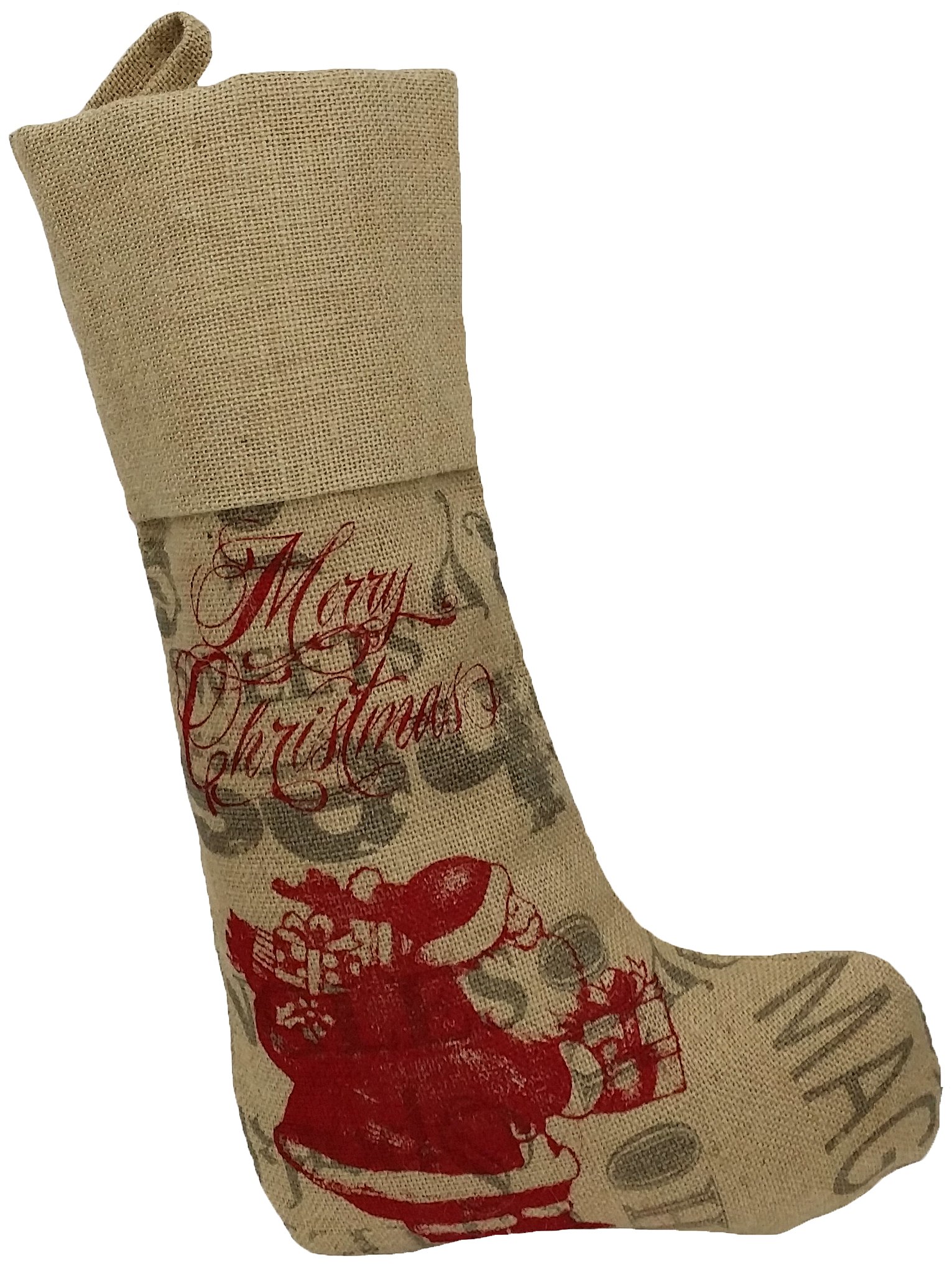 ML14900 Saint Nick Burlap Stocking featuring a whimsical Santa design on rustic burlap with red piped edging.