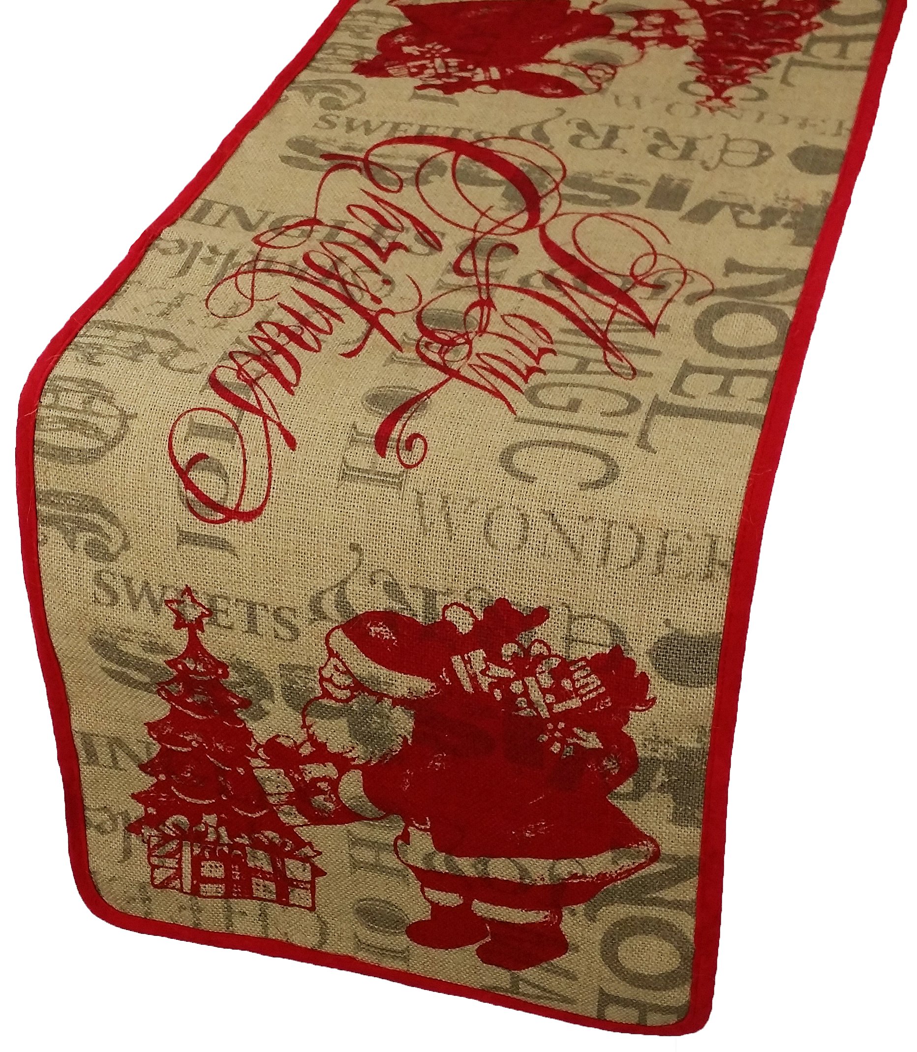 ML14900 Saint Nick Burlap Table Runner featuring a whimsical Santa design with red piped edging on a rustic burlap background.