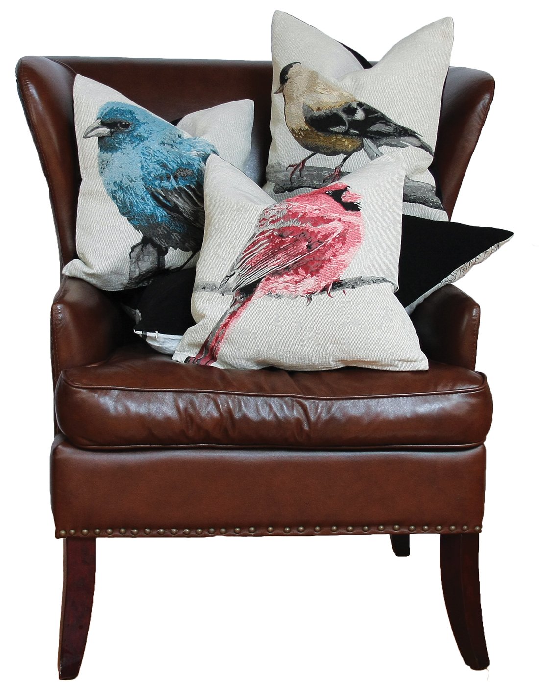 ML14937 Bird Embroidery Pillow featuring intricate bird designs on a soft poly/cotton blend fabric with a black velour backing.