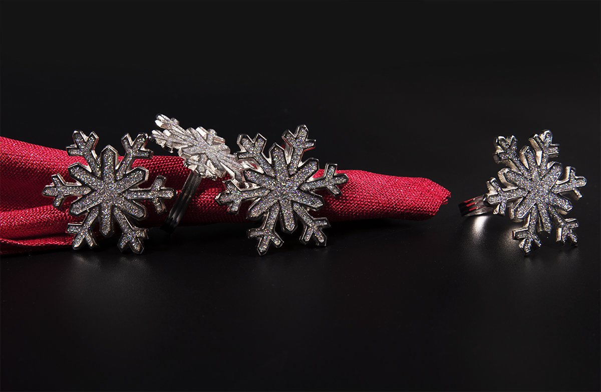 ML15831 Shimer Snowflake Napkin Ring featuring a glistening snowflake design made of durable brass, perfect for festive table settings.