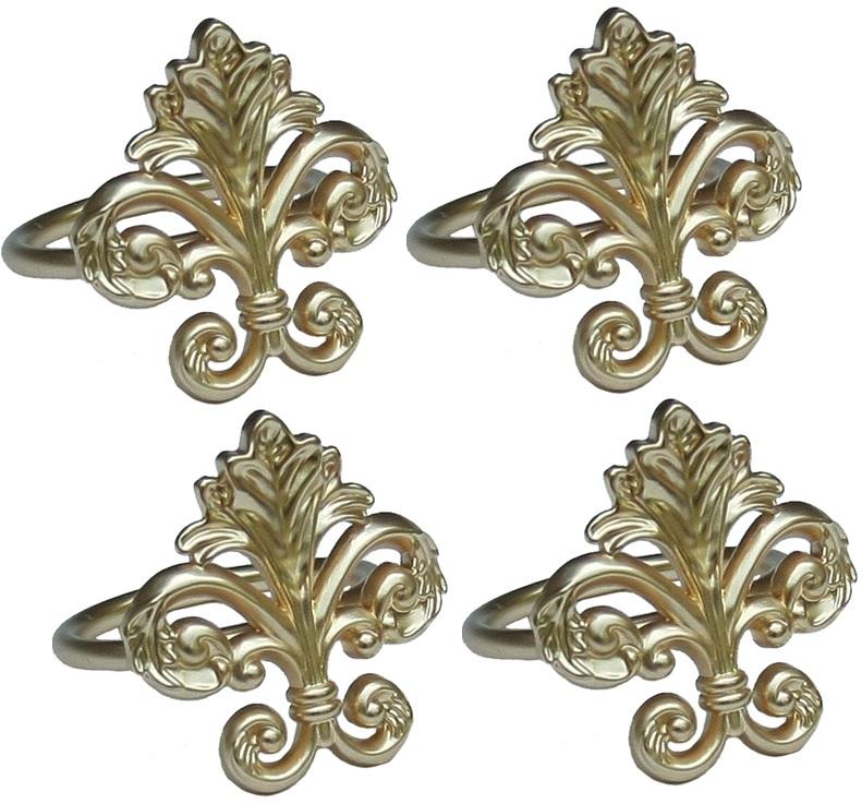 Set of four elegant Fleur de Lis napkin rings made of durable brass, featuring intricate detailing and a classic design.