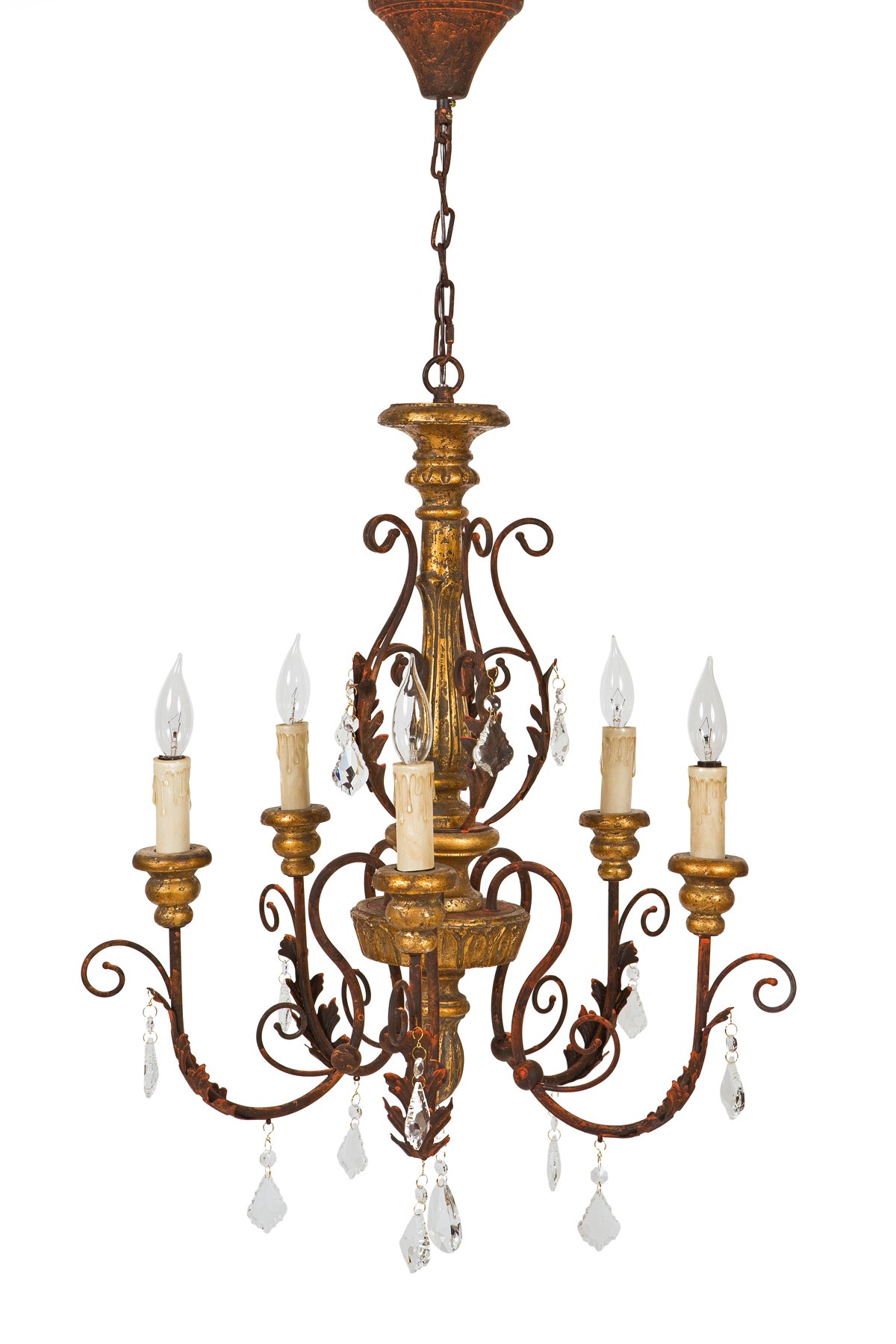 ML15914 Biltmore Chandelier featuring vintage wood and metal design with real glass crystals and faux candle bulbs.