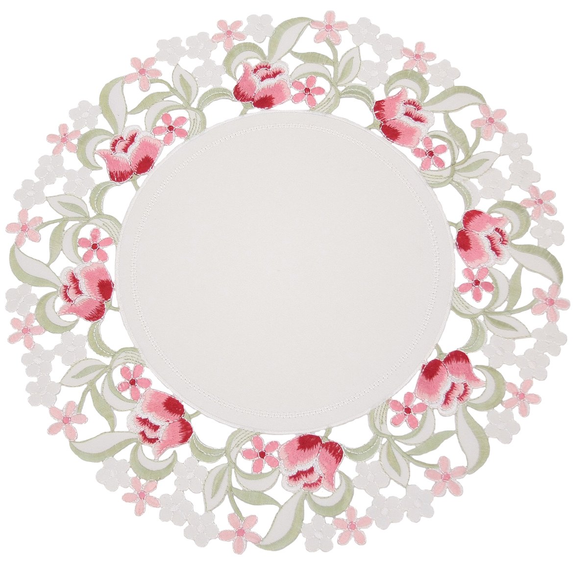 Set of 4 ML16130 Lush Rosette Round Placemats featuring intricate rose embroidery and elegant cutwork design.