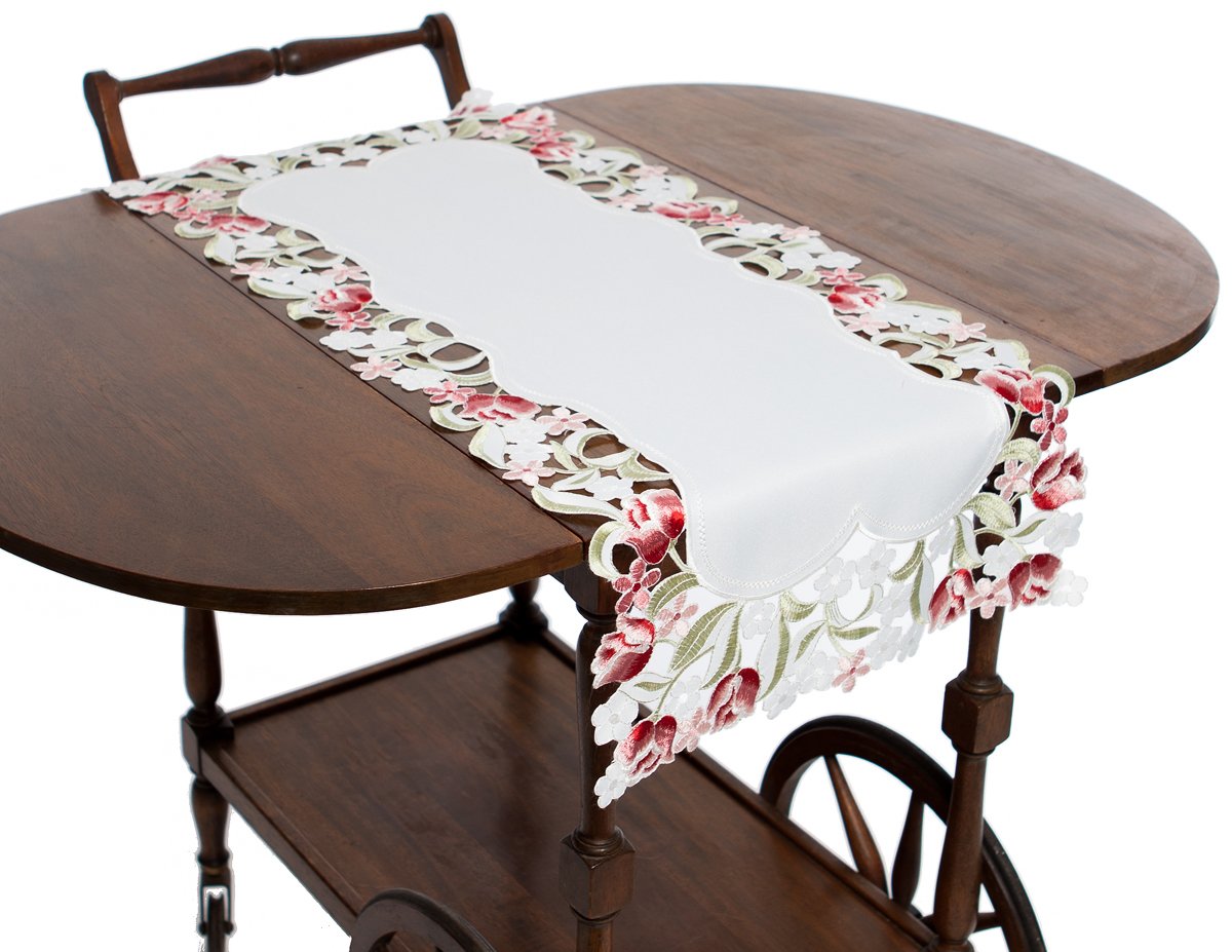 ML16130 Lush Rosette Table Runner featuring intricate rose embroidery and elegant cutwork design, perfect for enhancing dining decor.