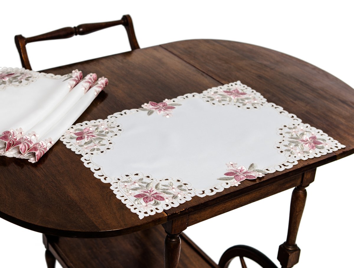 Set of 4 ML16131 Blush Placemats featuring embroidered floral designs and cutwork accents, perfect for elegant dining.