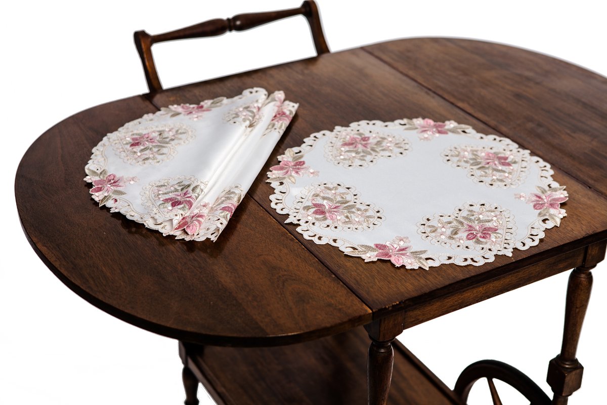 Set of 4 ML16131 Blush Round Placemats with floral embroidery and cutwork design, perfect for elegant dining.