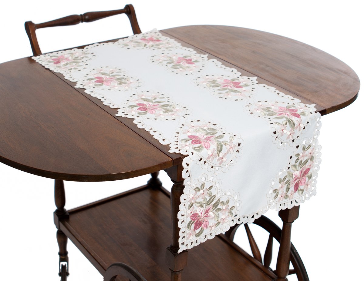 ML16131 Blush Table Runner featuring delicate floral embroidery and cutwork design, perfect for elegant dining settings.