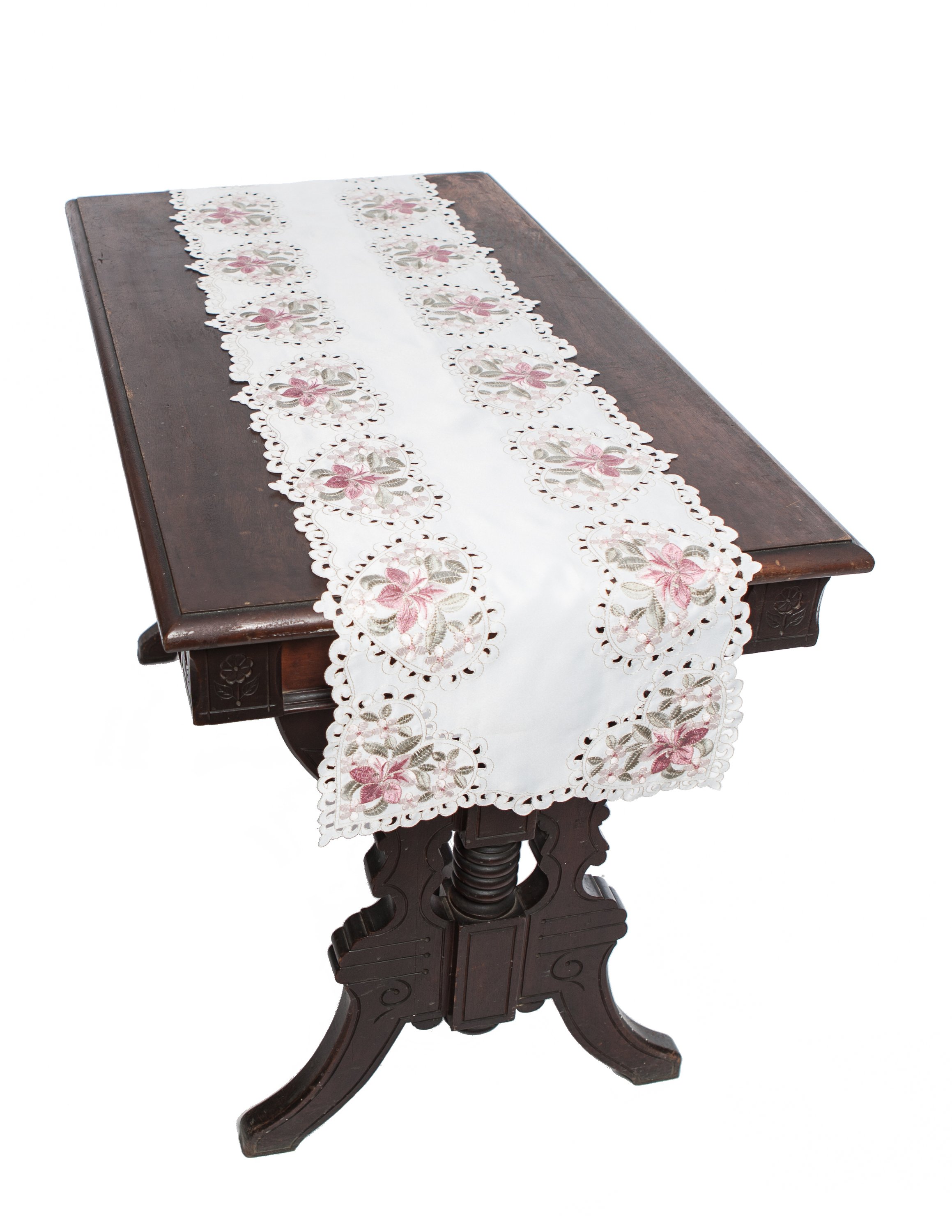 ML16131 Blush Table Runner featuring delicate floral embroidery and cutwork design, perfect for elegant dining settings.