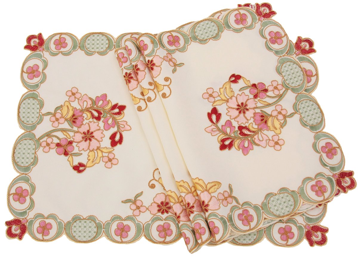 Set of 4 ML16132 Primrose Placemats featuring intricate floral embroidery and scalloped edges, perfect for elegant dining.