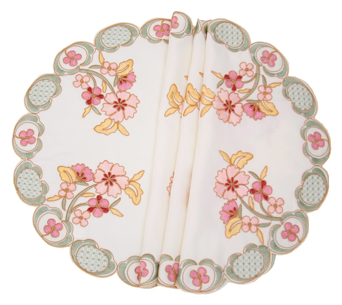 Set of 4 ML16132 Primrose Round Placemats featuring floral embroidery and scalloped edges, perfect for elegant dining.