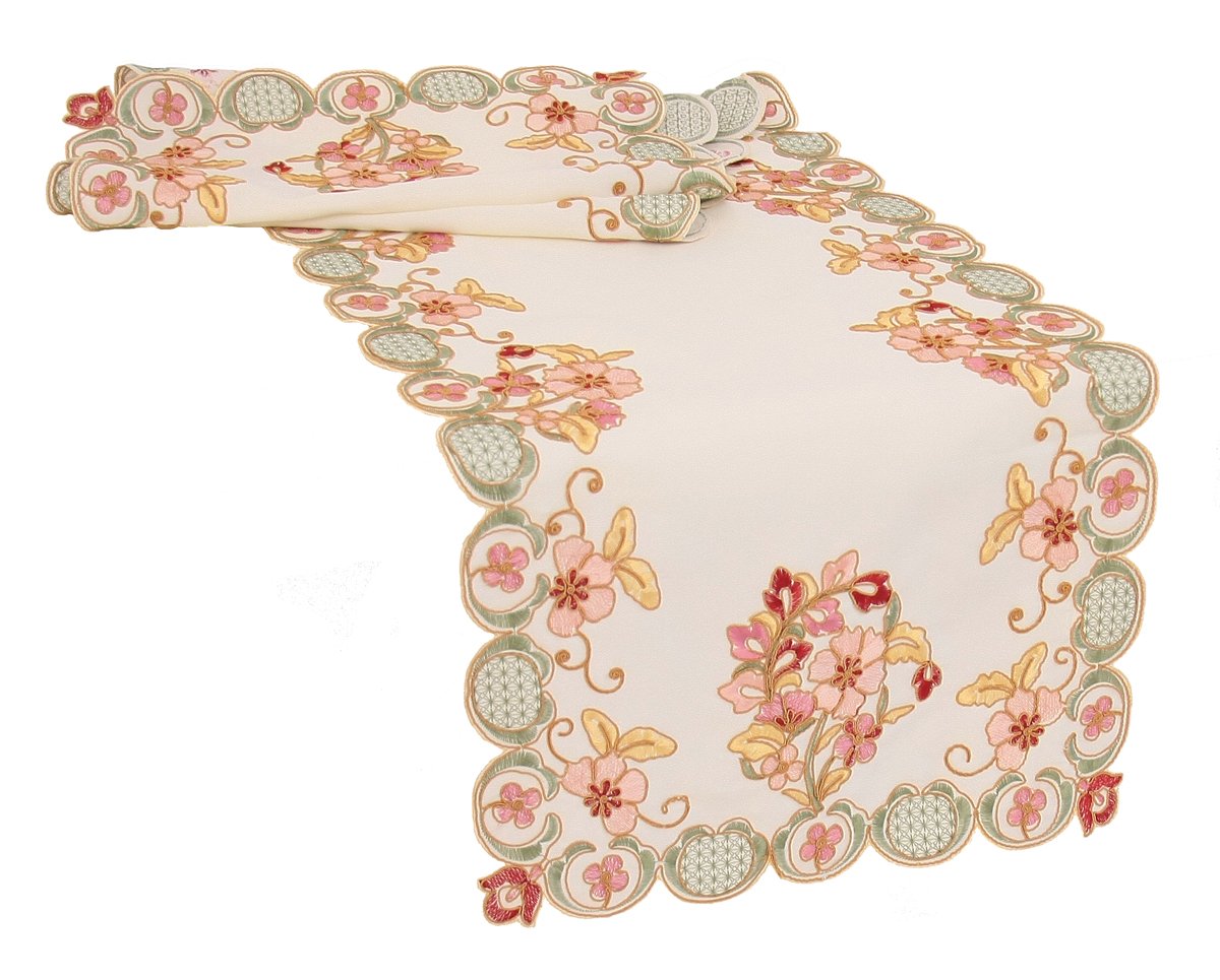 ML16132 Primrose Table Runner featuring lush floral embroidery and a scalloped edge, perfect for elegant dining settings.