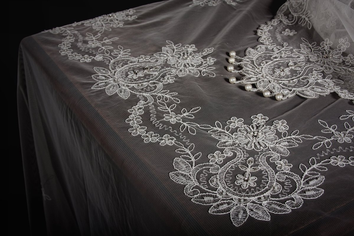 ML16144 Paisley Lace Beaded Tablecloth in elegant design with intricate lace and beaded accents, measuring 80x80 inches.