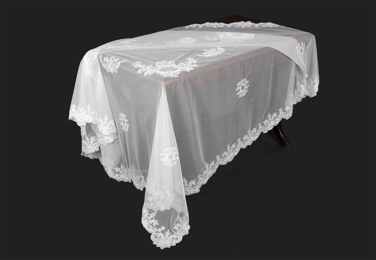 ML16143 Delicate Daisies Lace Beaded Tablecloth featuring intricate lace and beaded accents, perfect for elegant dining occasions.