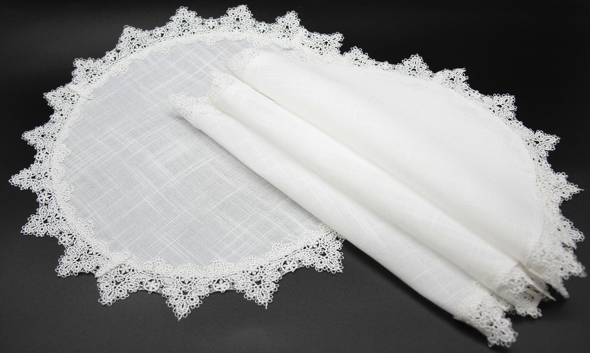 Set of 4 ML16145 Victorian Lace Trim Placemats featuring elegant lace detailing on textured white fabric, perfect for dining decor.