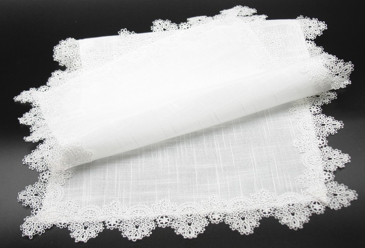 ML16145 Victorian Lace Trim Table Runner featuring elegant lace detailing on textured white fabric, perfect for enhancing dining decor.