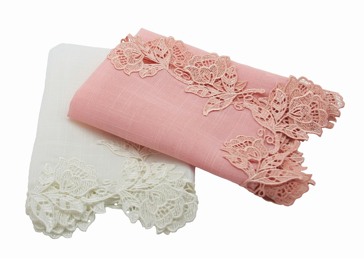 Set of 4 ML16149 English Rose Lace Trim Napkins, featuring elegant rose lace trim on textured fabric, available in Rose Quartz and White.