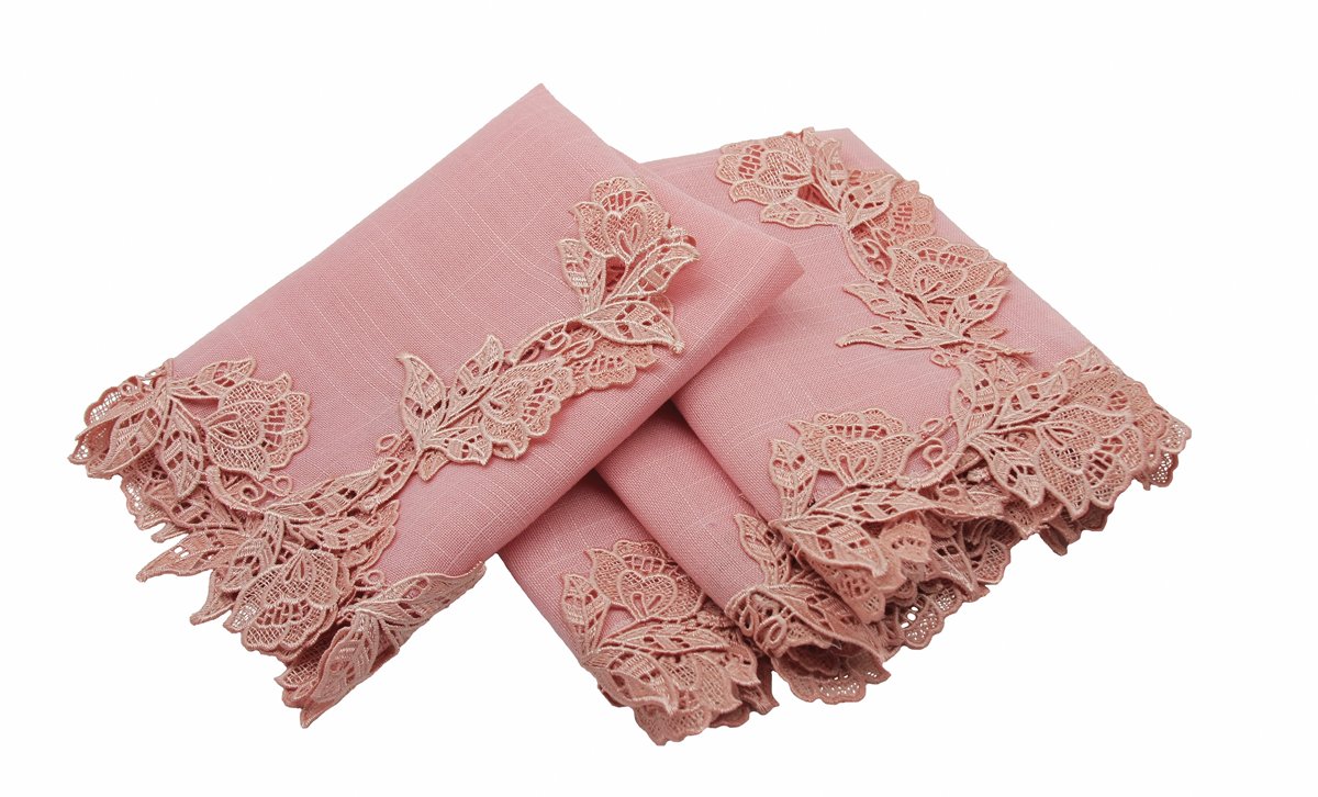 Set of 4 ML16149 English Rose Lace Trim Napkins, featuring elegant rose lace trim on textured fabric, available in Rose Quartz and White.