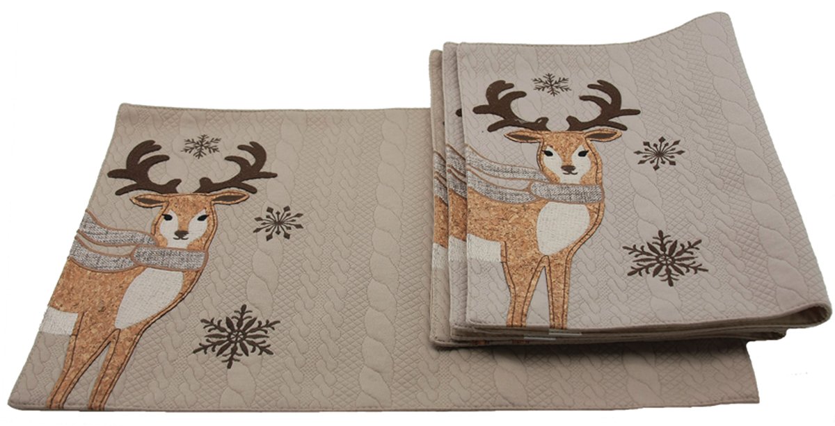 Set of 4 Cozy Reindeer Placemats featuring embroidered reindeer on a textured sweater background, perfect for Christmas dining.