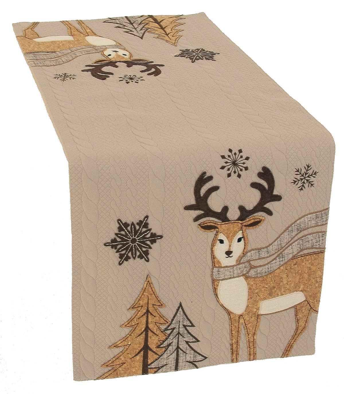 Cozy Reindeer Table Runner featuring an embroidered reindeer on a textured sweater background, perfect for Christmas dining.