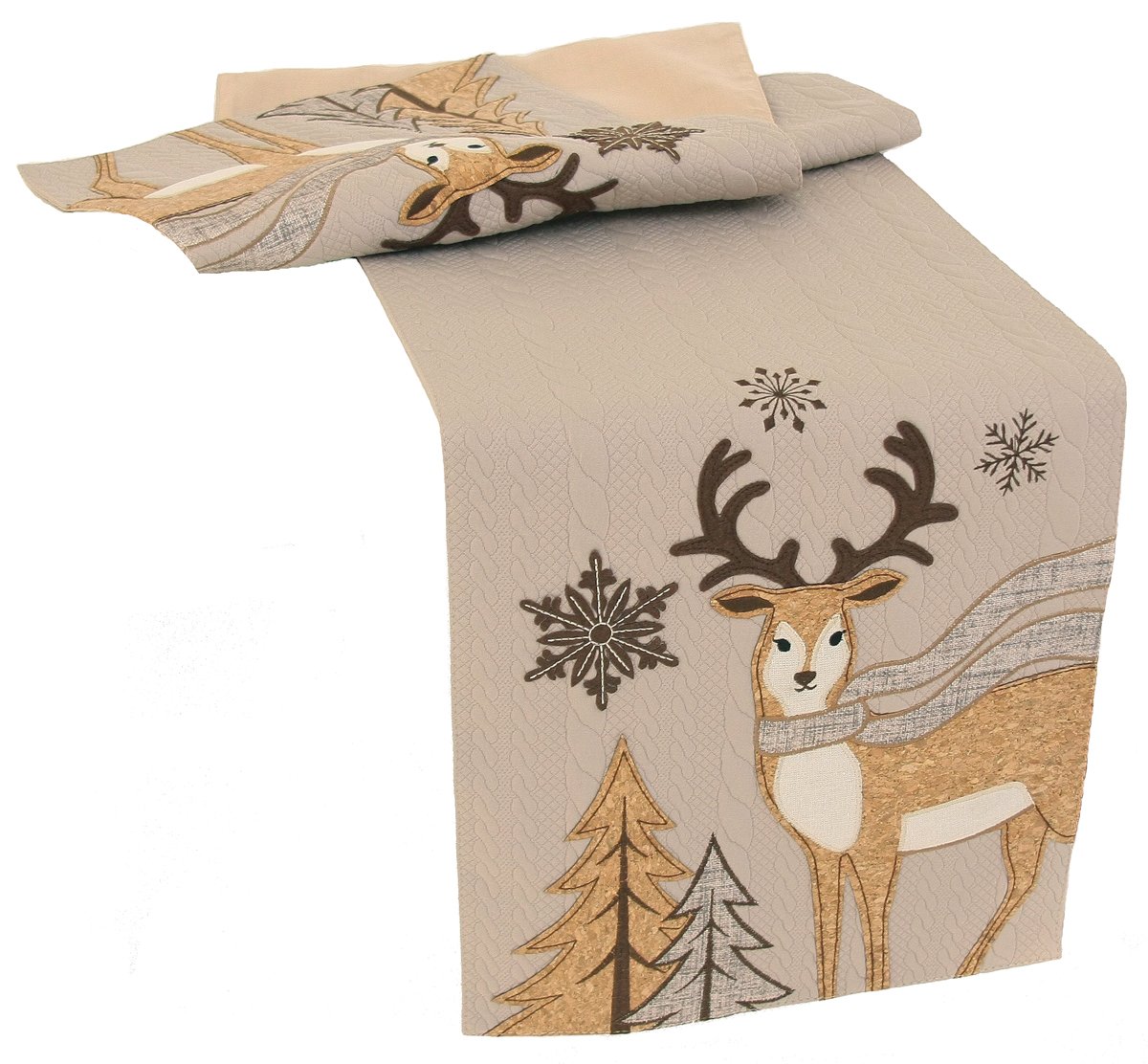 Cozy Reindeer Table Runner featuring an embroidered reindeer on a textured sweater background, perfect for Christmas dining.