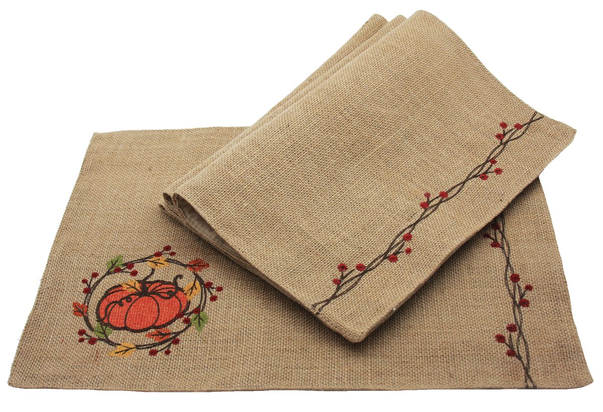 Set of 4 rustic placemats featuring embroidered pumpkins and autumn leaves, perfect for Thanksgiving decor.