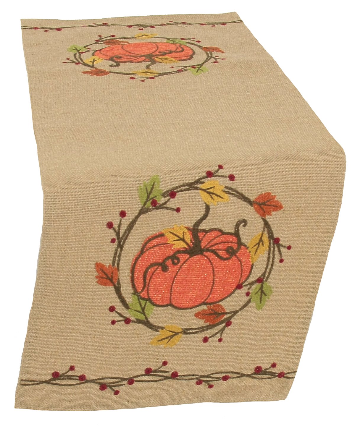 ML16351 Rustic Pumpkin Wreath Table Runner featuring an embroidered pumpkin and autumn leaves design, perfect for Thanksgiving decor.