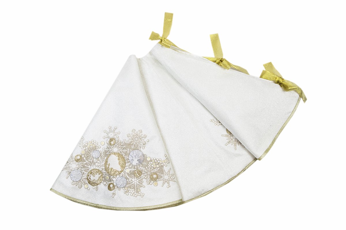 56-inch round Christmas tree skirt featuring sparkling gold and silver ornaments on a shimmering winter white background.