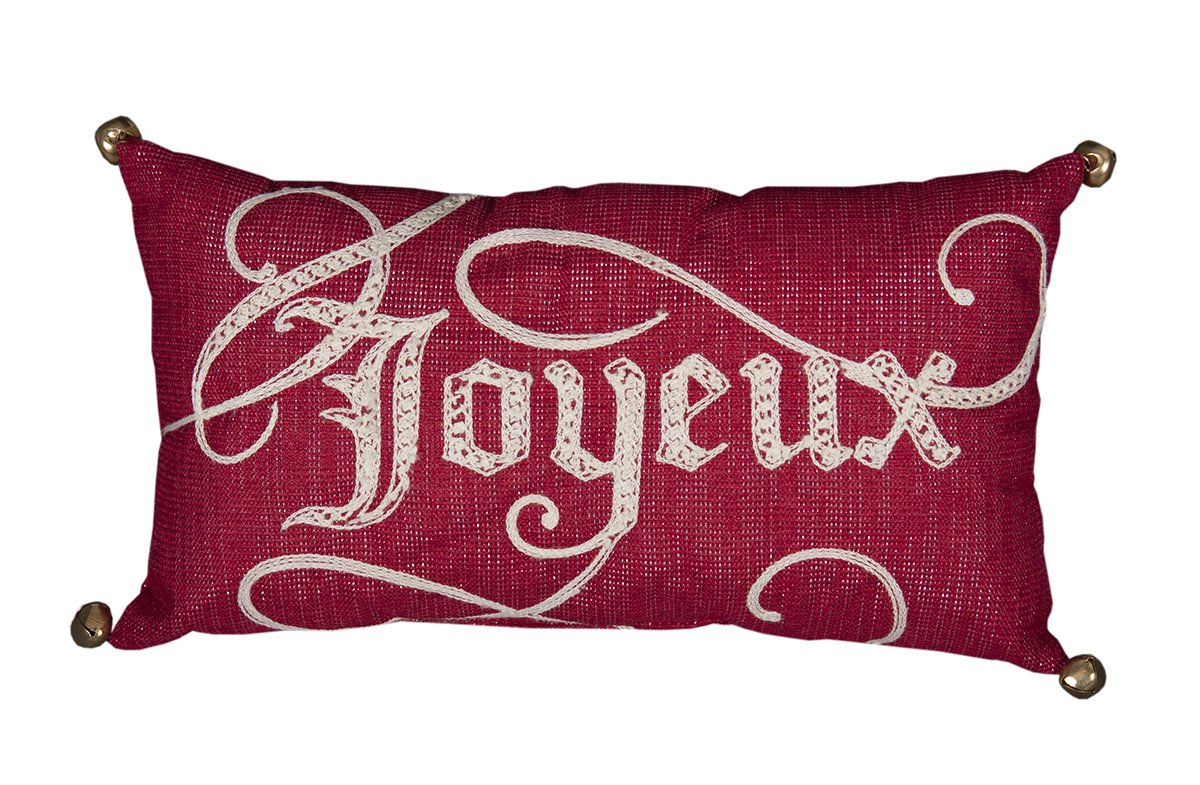 ML17125 Joyeux Christmas Pillow featuring embroidered 'Joyeux' message and jingle bell accents on shimmering fabric.