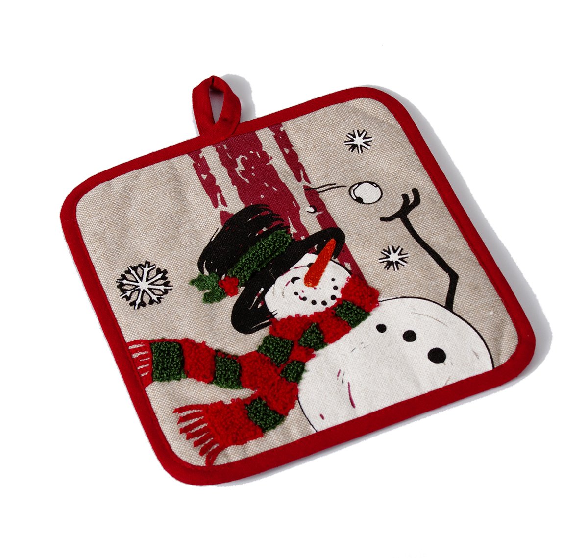 Set of two ML17128 Frosty Christmas Potholders featuring a whimsical snowman design with tufted embroidered accents, perfect for holiday cooking.