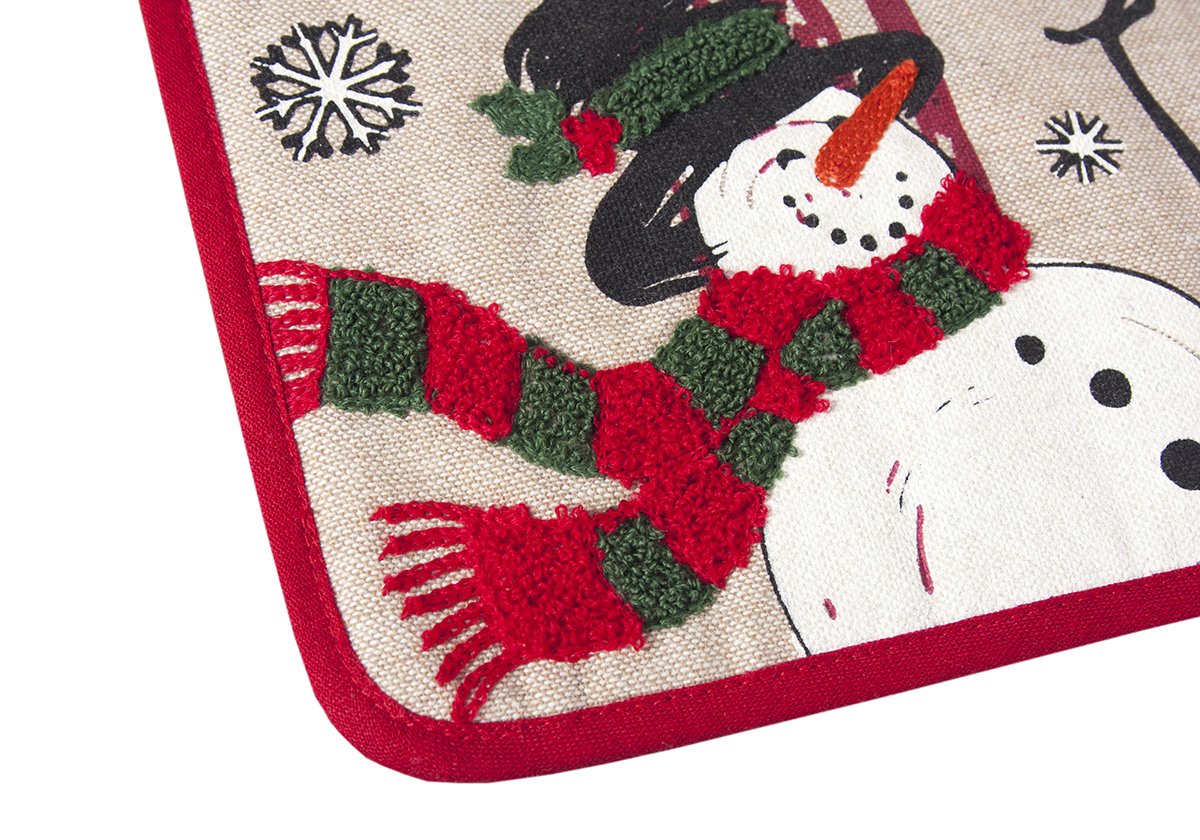 Set of two ML17128 Frosty Christmas Potholders featuring a whimsical snowman design with tufted embroidered accents, perfect for holiday cooking.