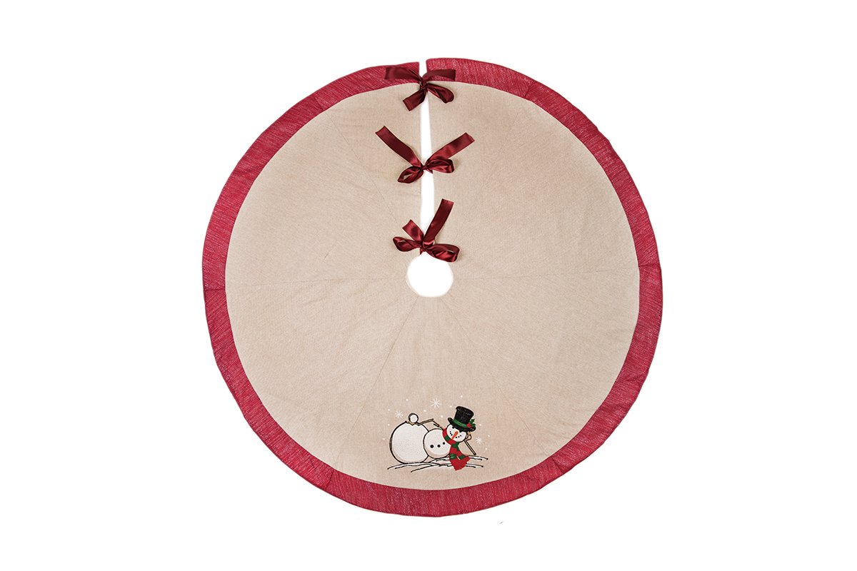 ML17130 Jack Frost Tree Skirt featuring a whimsical snowman design, perfect for holiday decor.