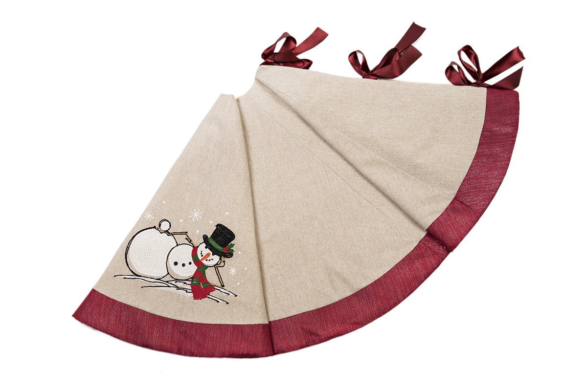 ML17130 Jack Frost Tree Skirt featuring a whimsical snowman design, perfect for holiday decor.