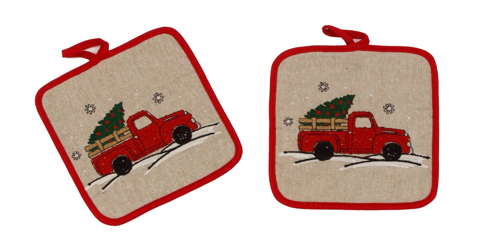 Set of 2 Christmas Truck Potholders featuring a whimsical red pick-up truck design, perfect for holiday cooking and decorations.