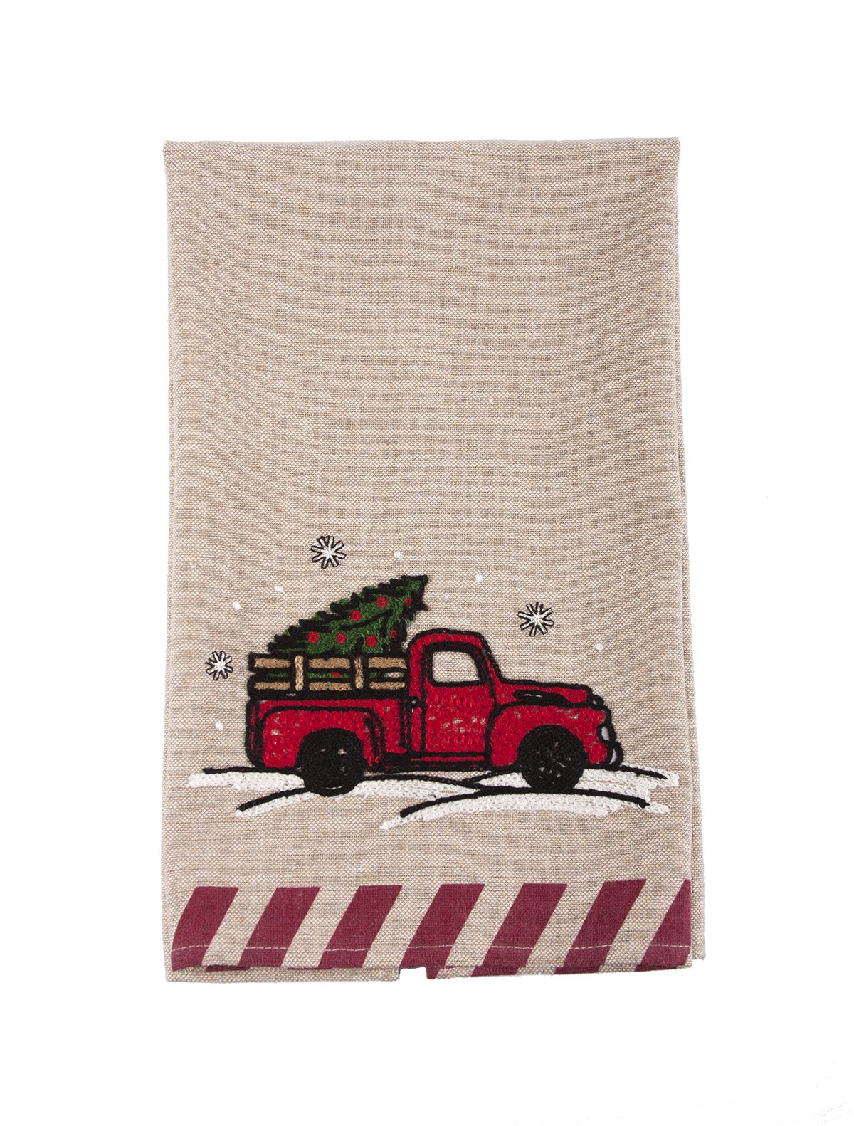 A festive Christmas tea towel featuring a whimsical red pick-up truck design, perfect for holiday kitchen decor.