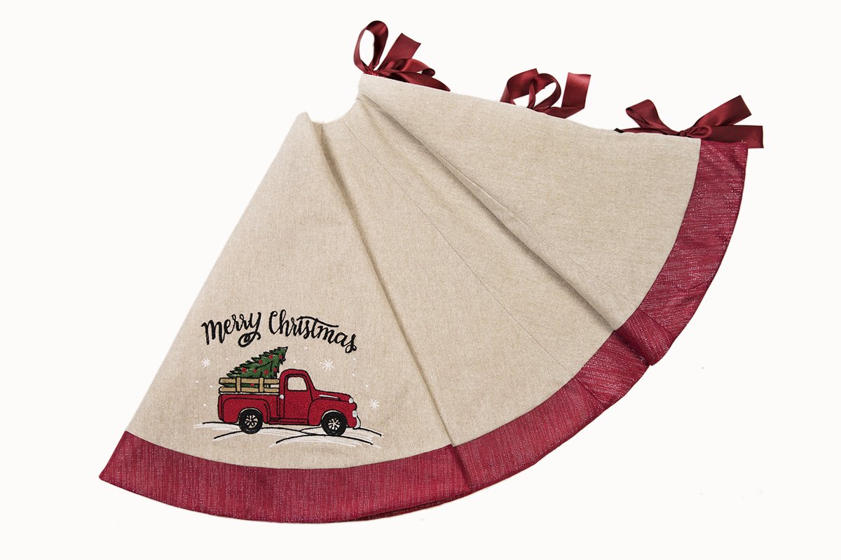 A festive 56-inch Christmas tree skirt featuring a whimsical red pick-up truck design, perfect for holiday decorations.