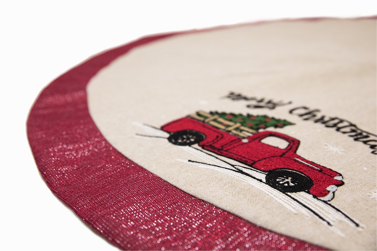 A festive 56-inch Christmas tree skirt featuring a whimsical red pick-up truck design, perfect for holiday decorations.