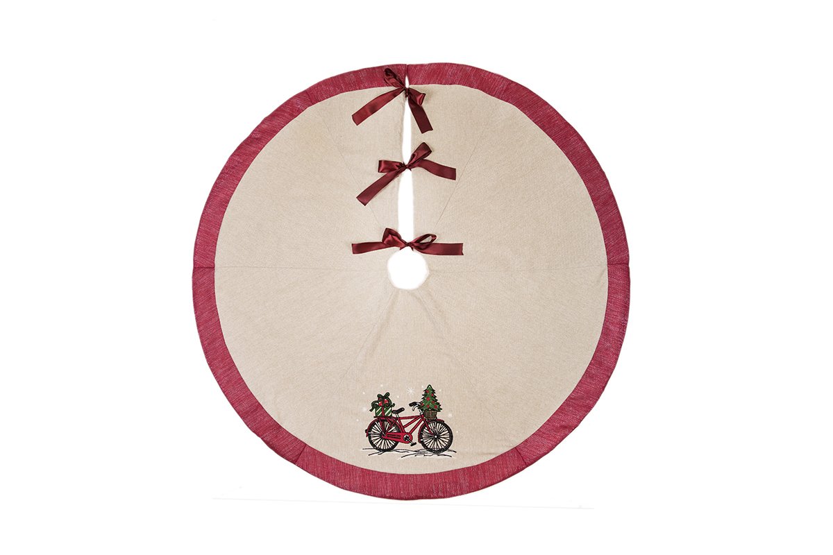 ML17132 Noel Bike Tree Skirt featuring a whimsical bike design with embroidered Christmas trees and gifts, perfect for holiday decor.