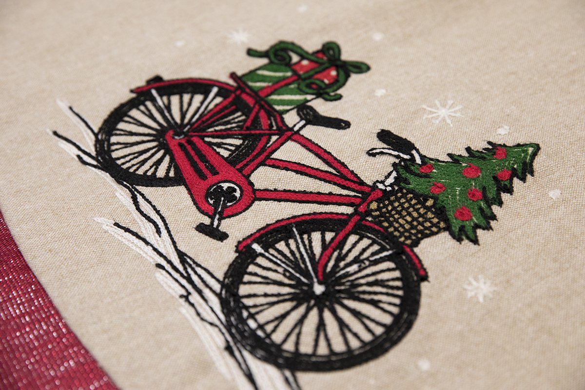 ML17132 Noel Bike Tree Skirt featuring a whimsical bike design with embroidered Christmas trees and gifts, perfect for holiday decor.