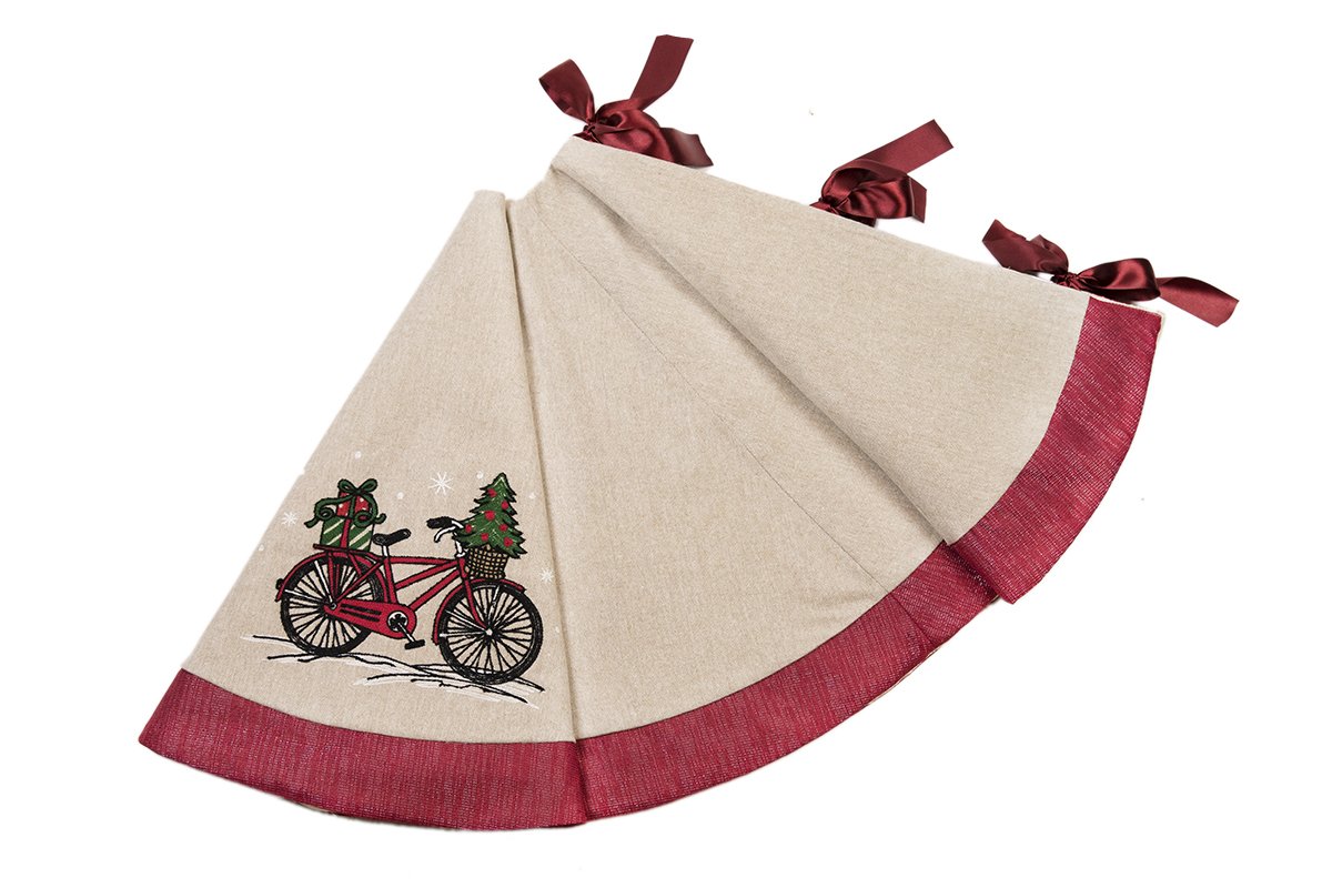 ML17132 Noel Bike Tree Skirt featuring a whimsical bike design with embroidered Christmas trees and gifts, perfect for holiday decor.