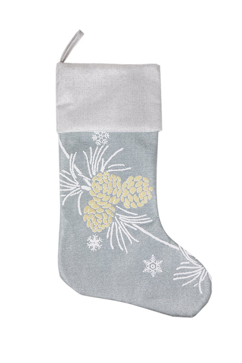 ML17117 Winter Pine Cone Stocking featuring frosted pine cones on a shimmering winter blue background, perfect for holiday decor.