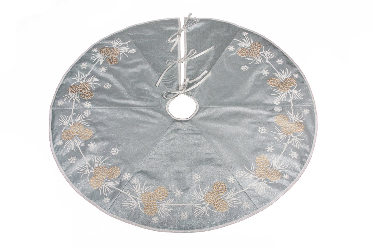 56-inch round Winter Pine Cone Tree Skirt featuring frosted pine cones on a shimmering blue background, perfect for holiday decor.