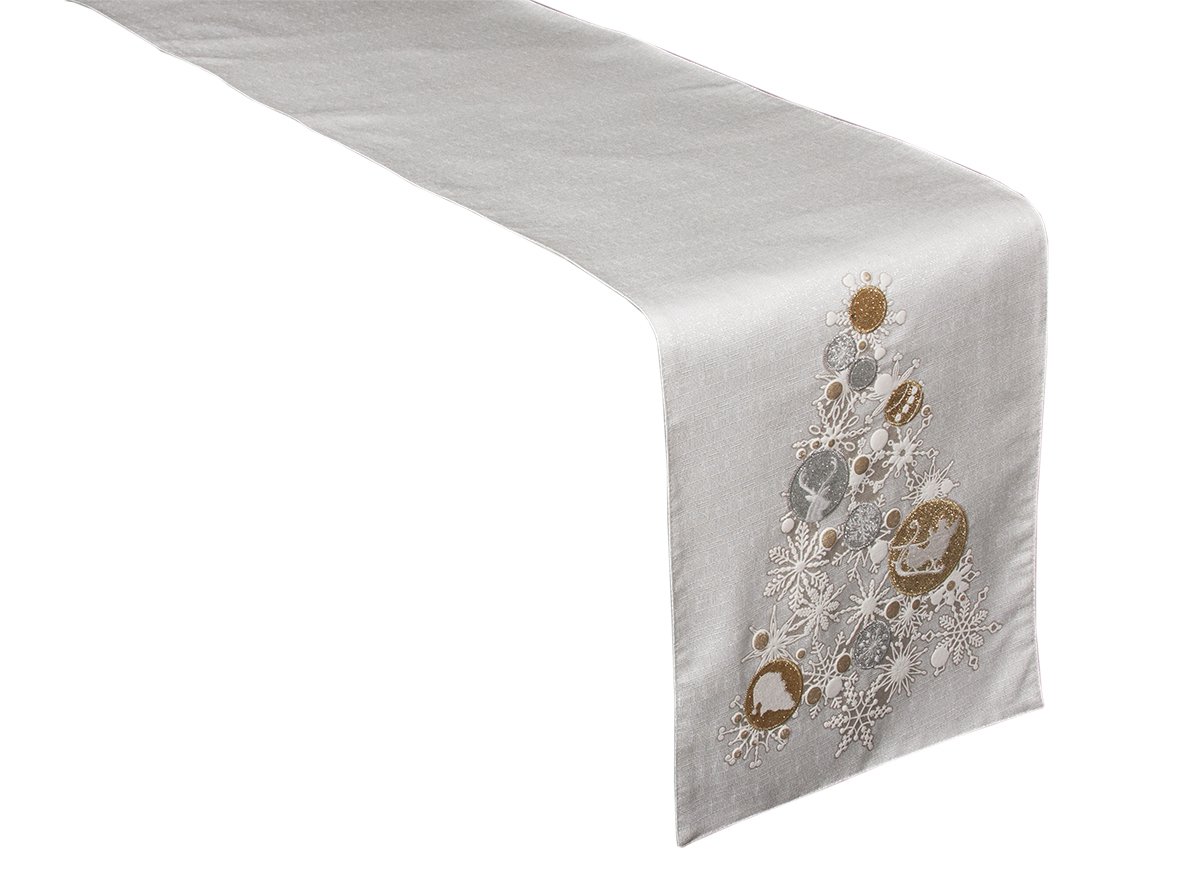 ML17118 Ornament Tree Table Runner featuring gold and silver ornaments on a shimmering winter white background, perfect for holiday dining.