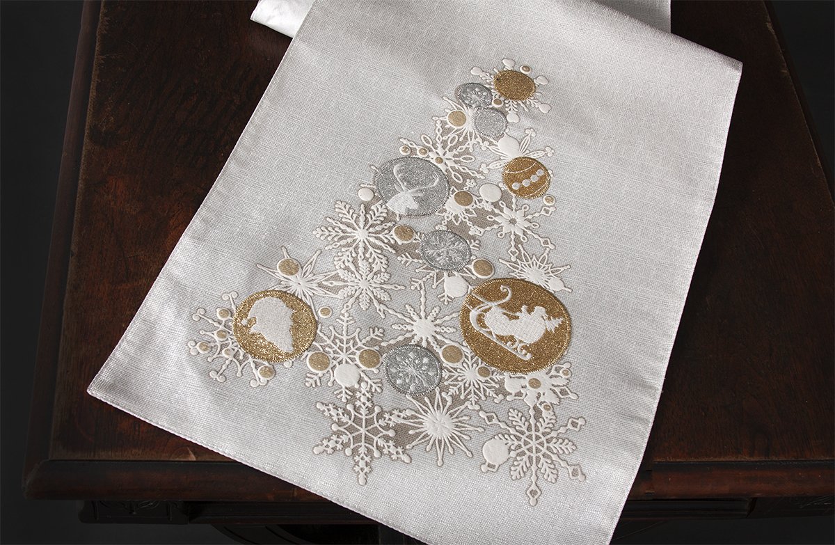 ML17118 Ornament Tree Table Runner featuring gold and silver ornaments on a shimmering winter white background, perfect for holiday dining.